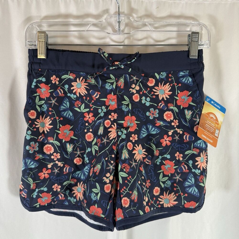 New Columbia Sandy Shores Boardshort Girls Medium Blue Floral Pull On Omni Shade